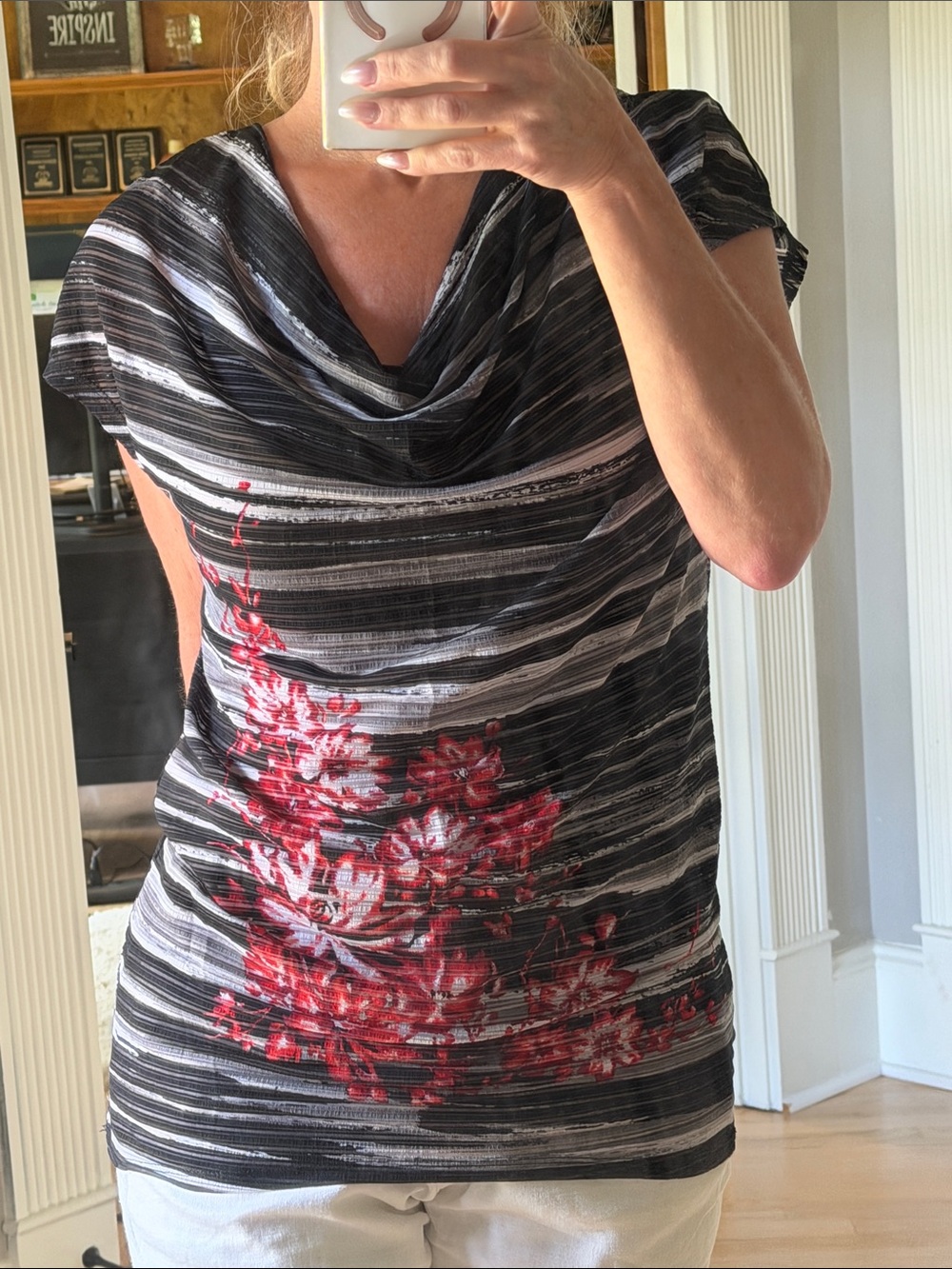 Rafaella Black and White Striped Cowl Neck Top with Red Floral Accent Sz M